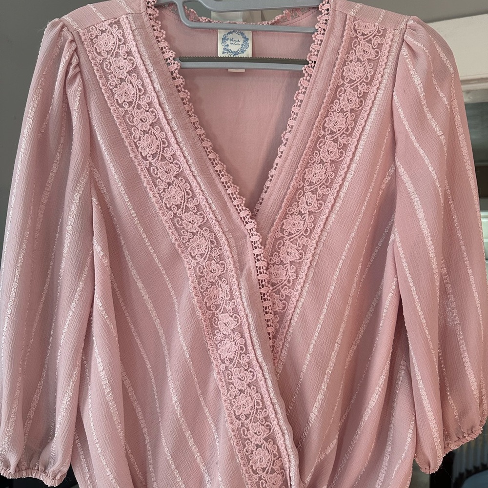 Blue Rain Pink Puff Sleeve Wrap Blouse